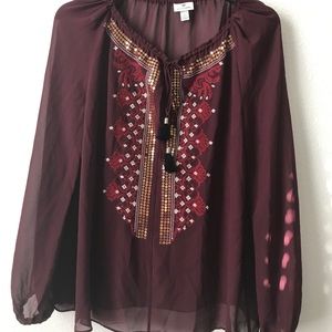 Burgundy embroidered Altuzara Blouse size S /P Long Sleeve Chiffon